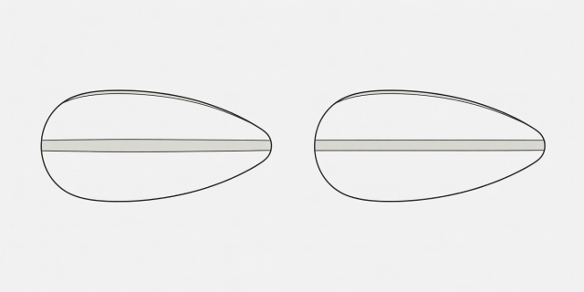 Flat vector top and side projection of a teardrop fuel tank showing how tape curves over the crown to appear straight from the side