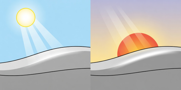 Flat vector illustration showing light reflection angles on a curved speed-shape test panel under midday sun versus low evening light