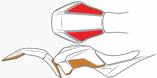 Flat vector top and side diagram of a motorcycle fuel tank and front mudguard highlighting high-abrasion knee, zipper, and stone-chip protection zones
